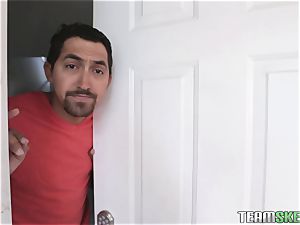 Natalia Mendez hides from the cops and shortly is deep throating on cock